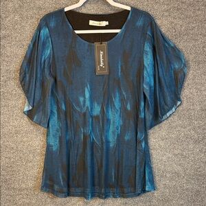 Ninedaily New Mesh Blue Teal Black Lined Women's Blouse with Butterfly Sleeves L